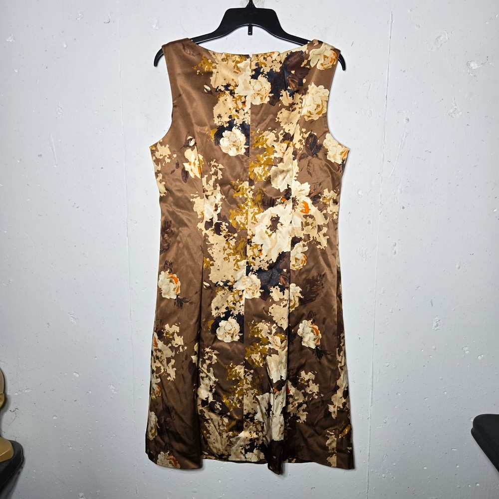 Talbots Brown Floral Satin Sheath Midi Dress Size 14 NWT Cocktail Classic Modest - Picture 2 of 9